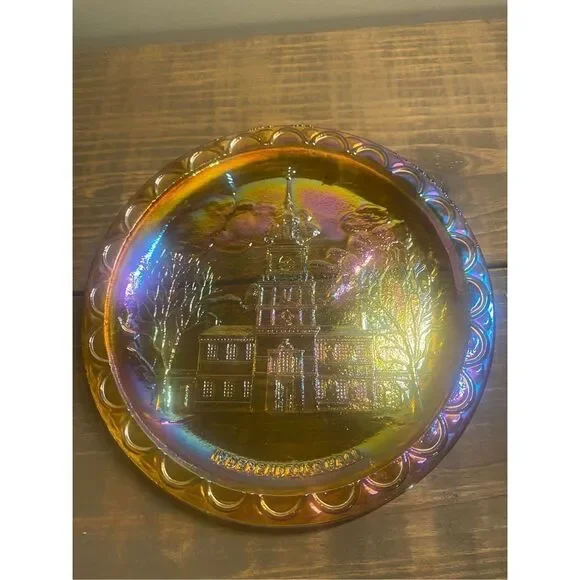 Independence Hall Amber Carnival Glass Commemorative Plate Indiana Glass - Picture 1 of 3